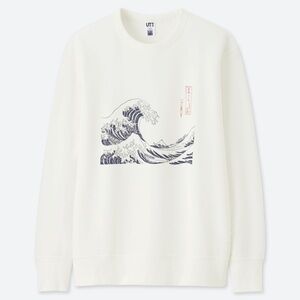 Uniqlo x Hokusai Blue Kanagawa Wave Graphic White Longsleeve Crewneck Sweatshirt